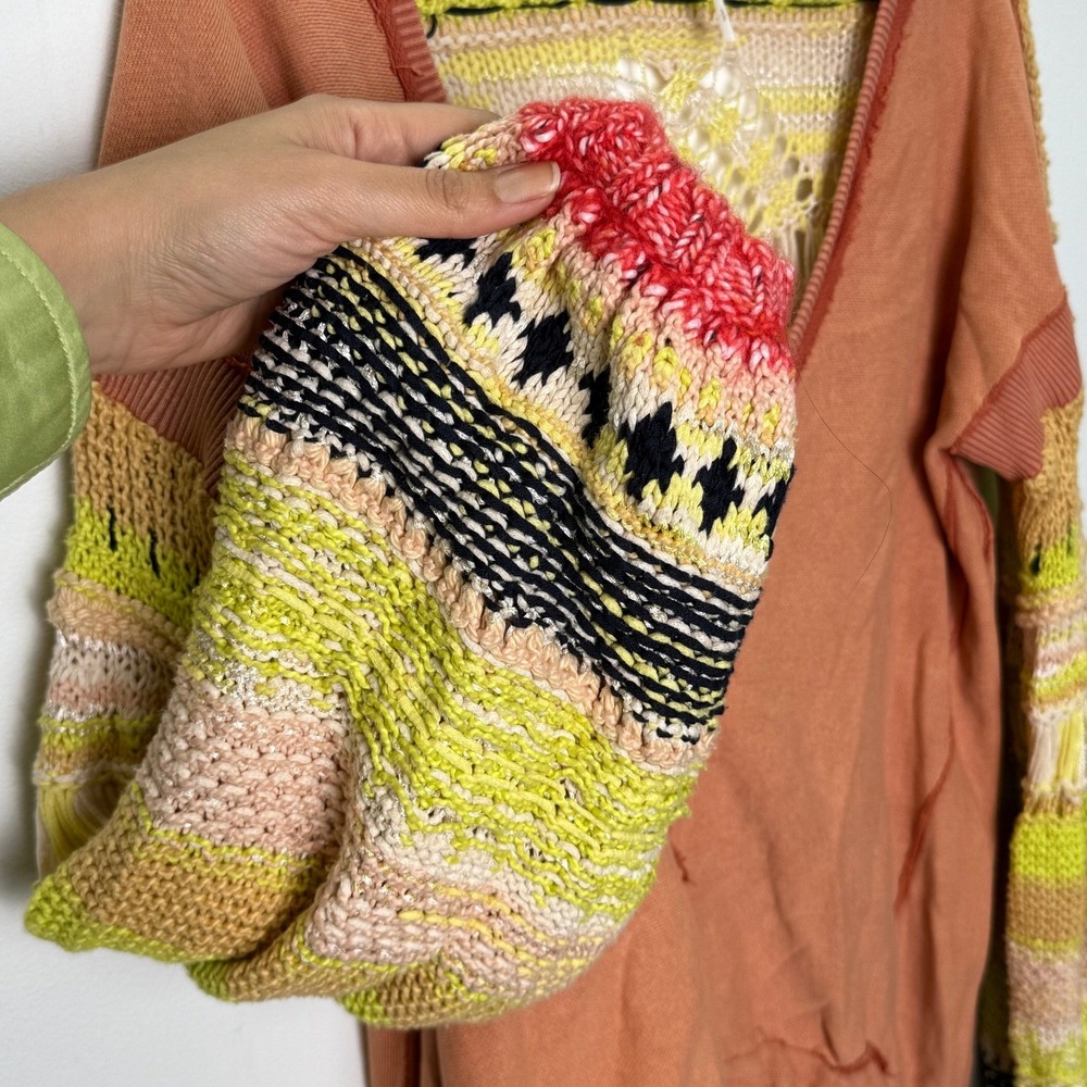 Free People Peach Knit Crochet Balloon Sleeve Boho Pullover Top‎ Women's Size S